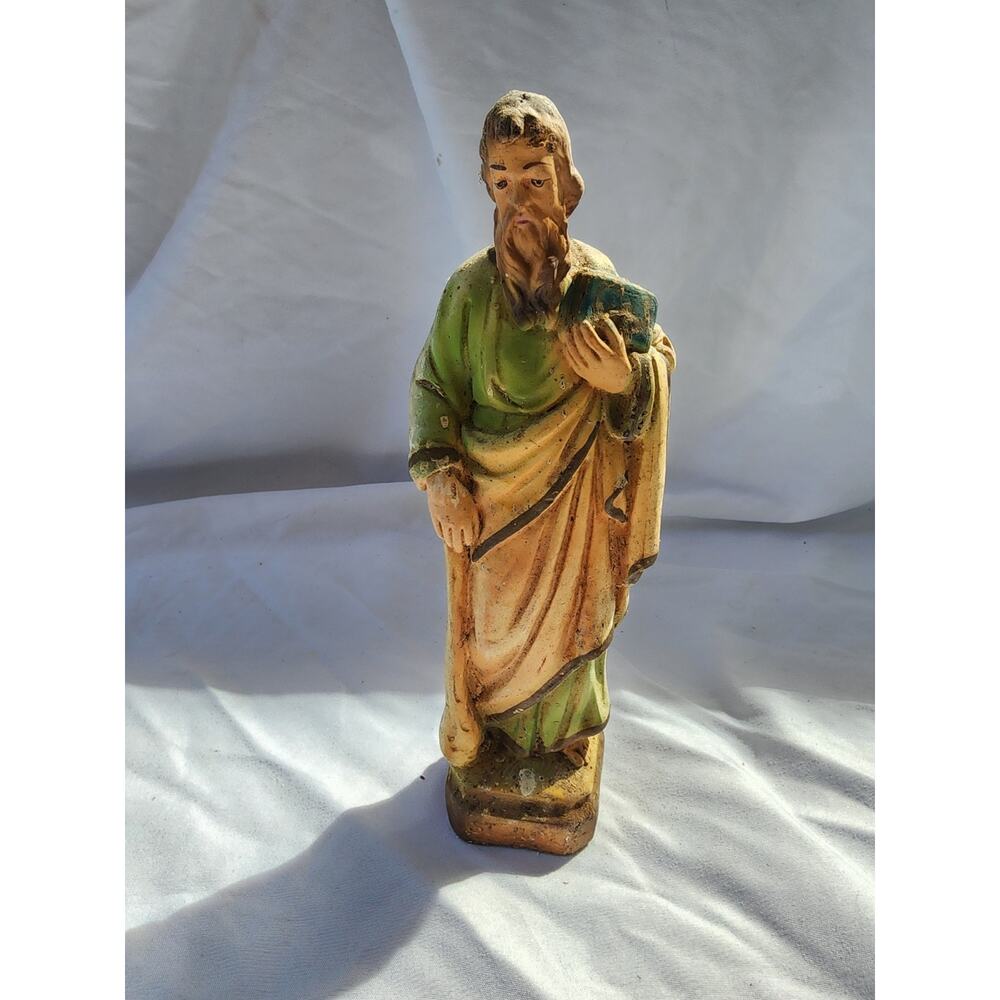 Saint Jude Statue, orange and green in color Chalkware Figurine Vintage MCM